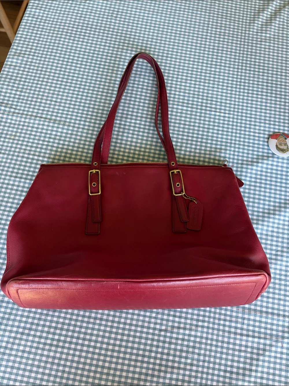 Red Leather Tote Bag with Double Shoulder Straps